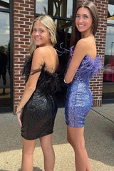 Cute Sequins Feathers Homecoming Dress Strapless Sleeveless Short Prom Dresses