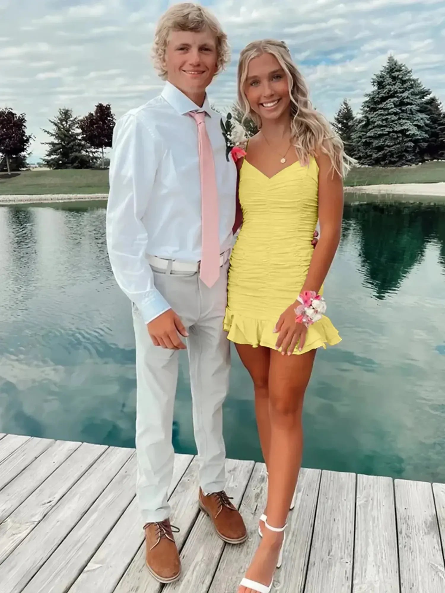 Cute Sheath Satin Short Homecoming Dress with Ruffles