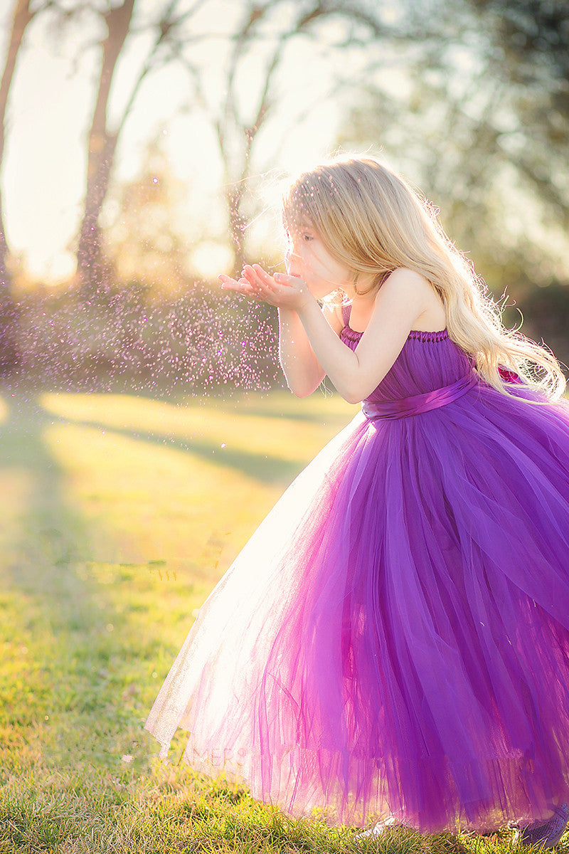 Cute Strapless Purple Long Flower Girl Dresses Popular Floor Length Tulle Girl Dress