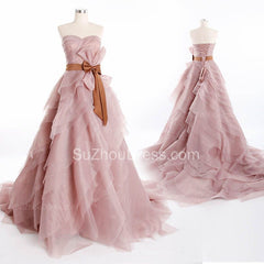Cute Tiered Sweetheart Long Prom Dress Latest Sweep Train Lace-Up Popular Women Dresses with Bowknot