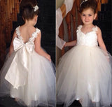 Cute Tulle Lace Applique Flower Girl Dresses Backless Long Bowknot Children Gowns BO8533