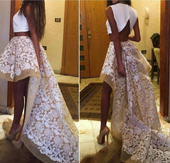 Cute Two Piece Short Front Long Party Dress Latest Lace Hi-Lo Prom Dress BA2172
