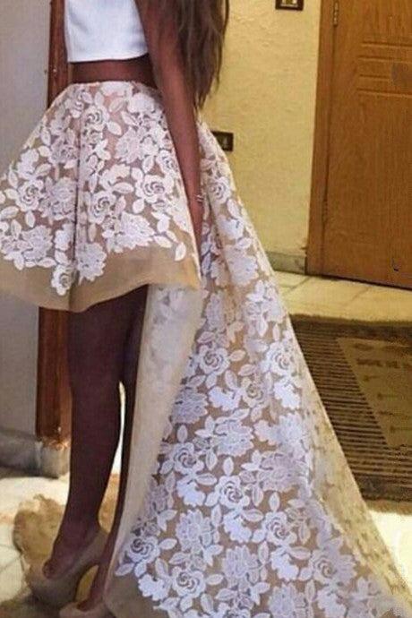 Cute Two Piece Short Front Long Party Dress Latest Lace Hi-Lo Prom Dress BA2172