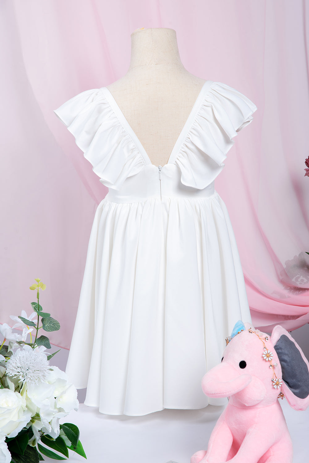Cute White Ruffle Sleeves Flower Girl Dress Pleated A-line Little Girl Dress for Wedding Party