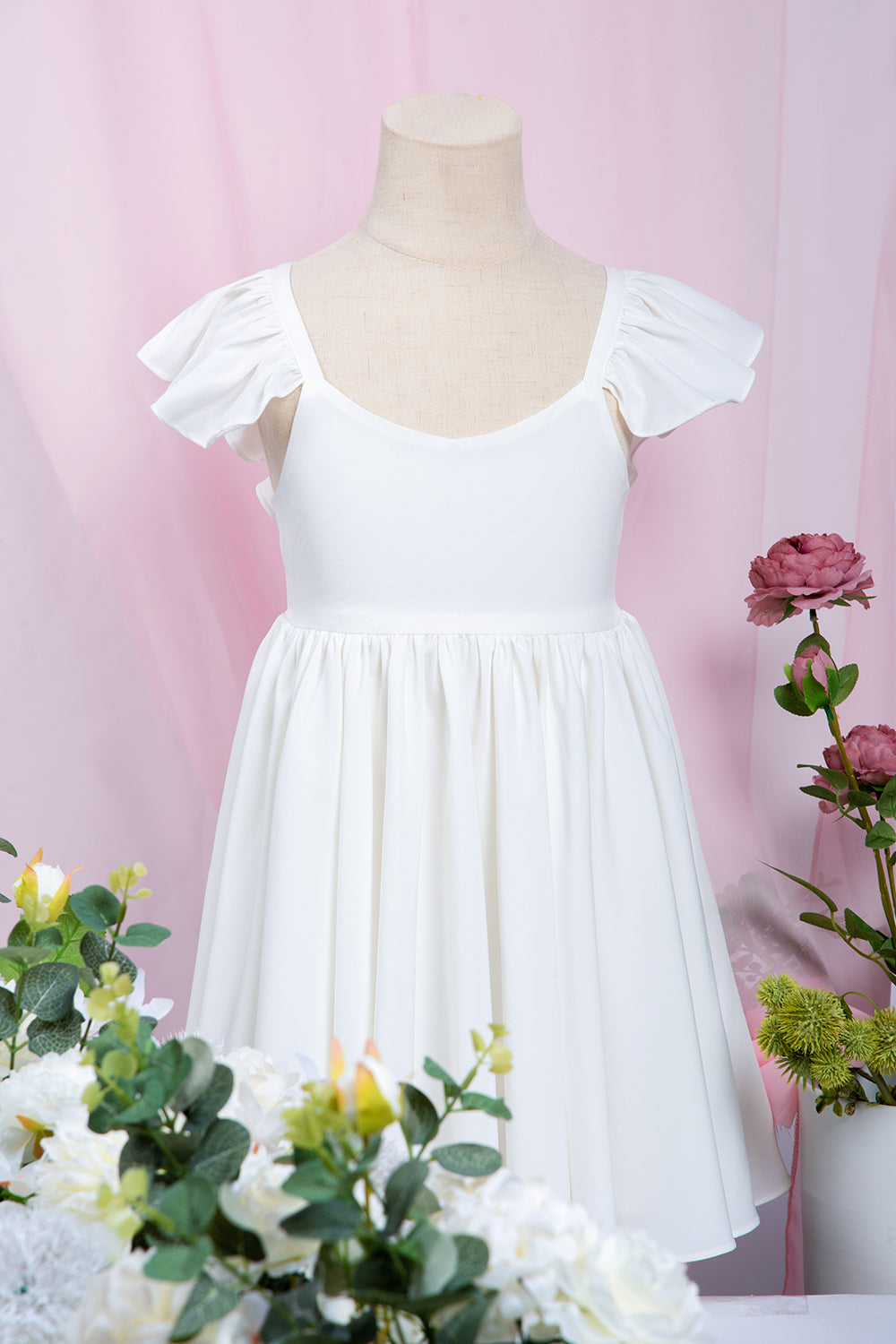 Cute White Ruffle Sleeves Flower Girl Dress Pleated A-line Little Girl Dress for Wedding Party