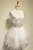 Cute White V-Neck Lace Short Bridal Dresses Lace-up Tulle Simple Tiered Mini Wedding Gown