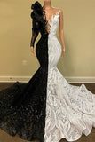 Suzhoufashion Black and White Mermaid Prom Dress Lace Dress One Shoulder Long Sleeves