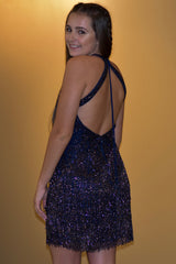 Dark Blue Homecoming Dresses Open Back Sequin Prom Dress