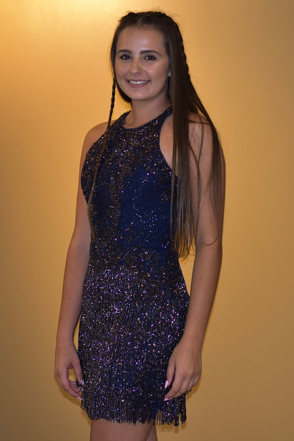 Dark Blue Homecoming Dresses Open Back Sequin Prom Dress