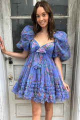 Dark Blue Homecoming Dresses Puff Sleeves A-Line Floral Short Cocktail Dresses with Ruffles