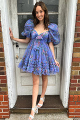 Dark Blue Homecoming Dresses Puff Sleeves A-Line Floral Short Cocktail Dresses with Ruffles