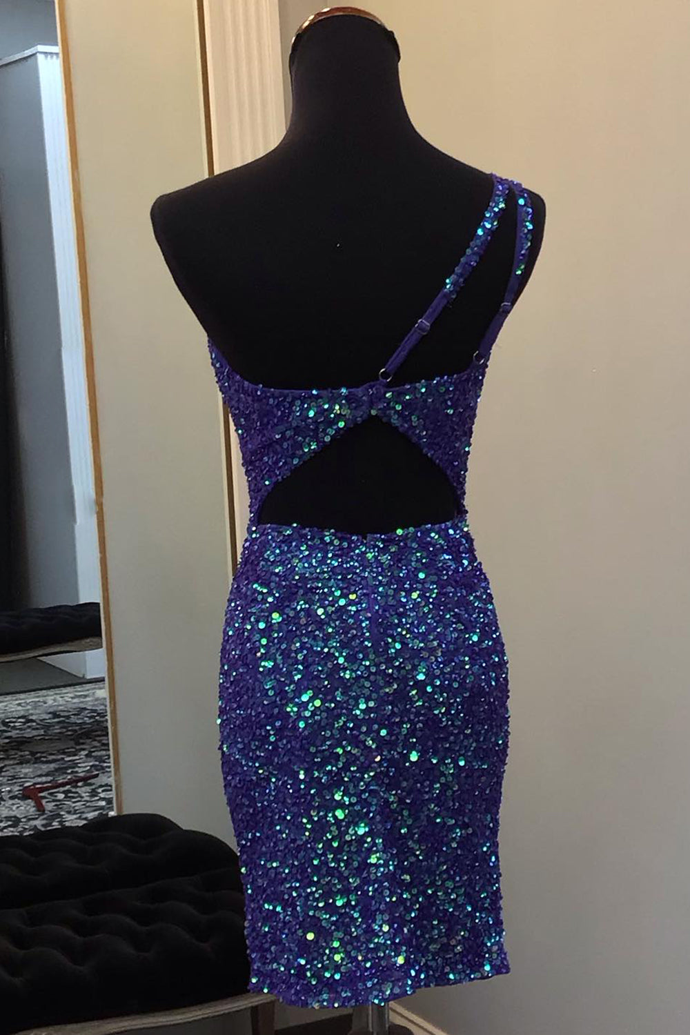 Dark Blue Homecoming Dresses Sequin Open Back Tight Short Cocktail Dresses