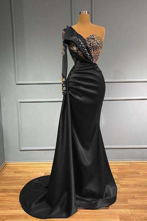 Dark Blue Prom Dress Long Sleeve One Shoulder Pleated Mermaid Evening Formal Dress With Beadings