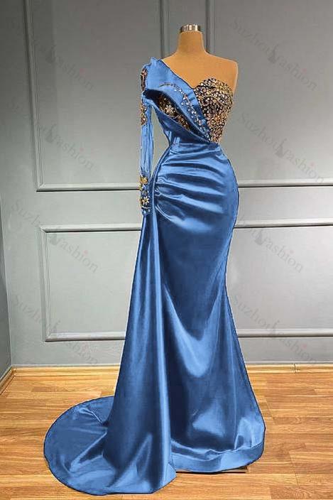 Dark Blue Prom Dress Long Sleeve One Shoulder Pleated Mermaid Evening Formal Dress With Beadings