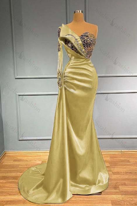 Dark Blue Prom Dress Long Sleeve One Shoulder Pleated Mermaid Evening Formal Dress With Beadings