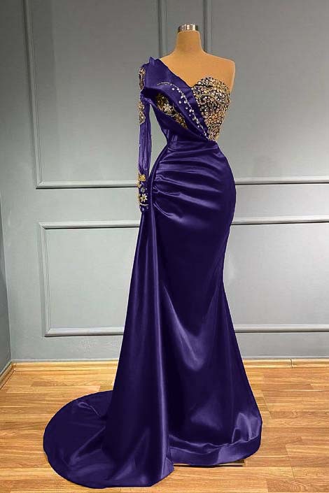 Dark Blue Prom Dress Long Sleeve One Shoulder Pleated Mermaid Evening Formal Dress With Beadings