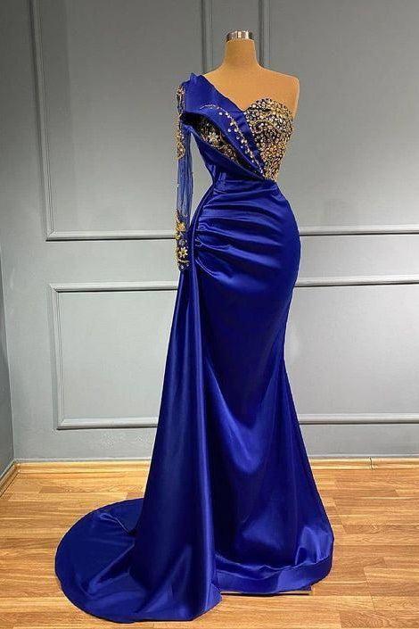 Dark Blue Prom Dress Long Sleeve One Shoulder Pleated Mermaid Evening Formal Dress With Beadings