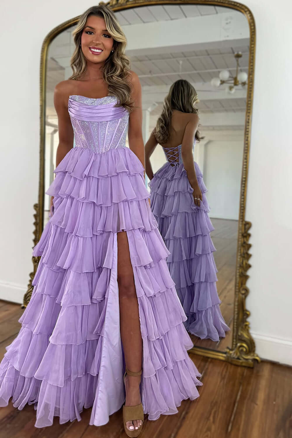 Navy Prom Dress A Line Strapless Corset Long Chiffon Formal Dress