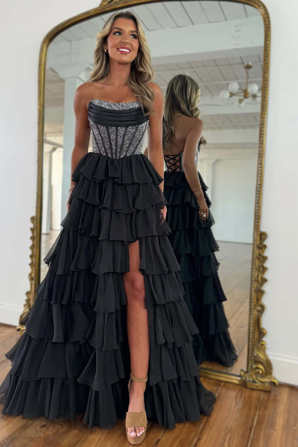 Navy Prom Dress A Line Strapless Corset Long Chiffon Formal Dress