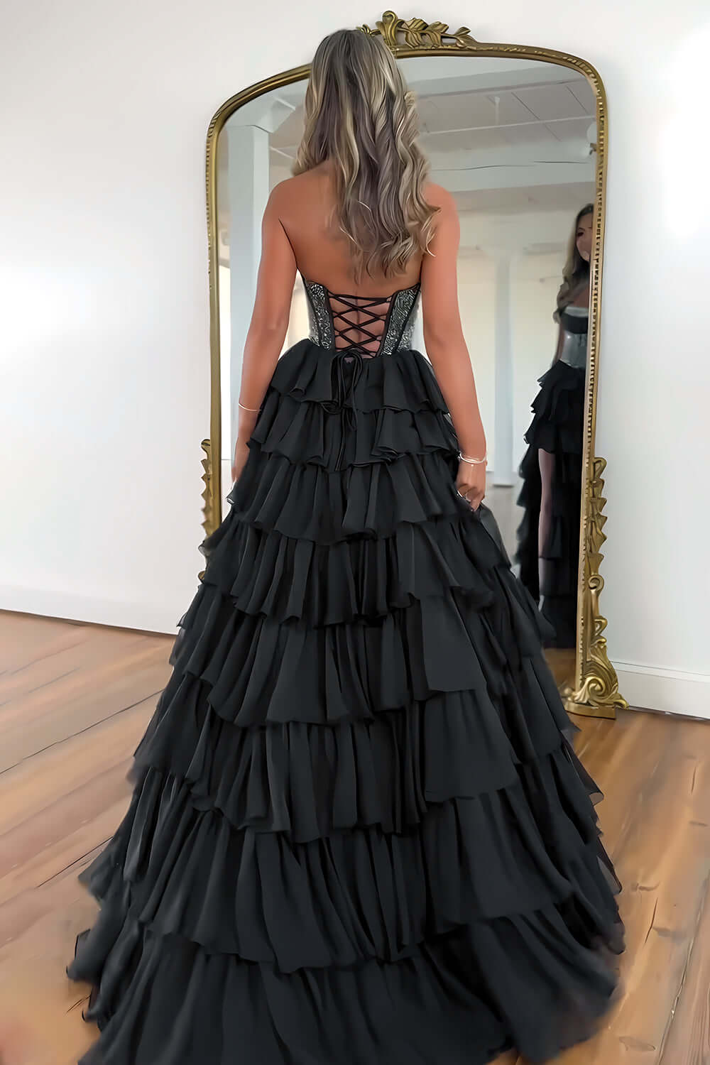 Navy Prom Dress A Line Strapless Corset Long Chiffon Formal Dress