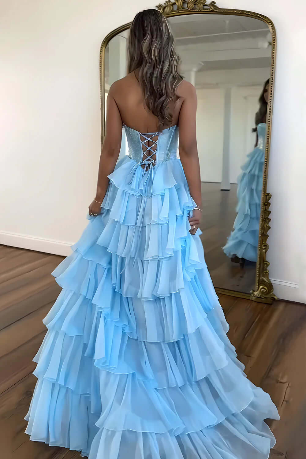 Navy Prom Dress A Line Strapless Corset Long Chiffon Formal Dress