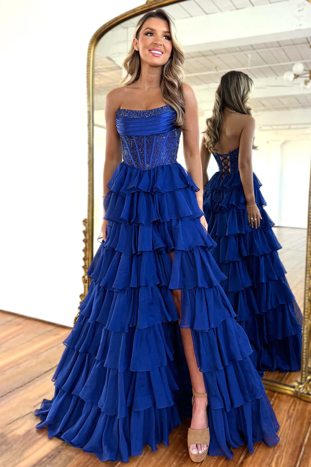 Navy Prom Dress A Line Strapless Corset Long Chiffon Formal Dress