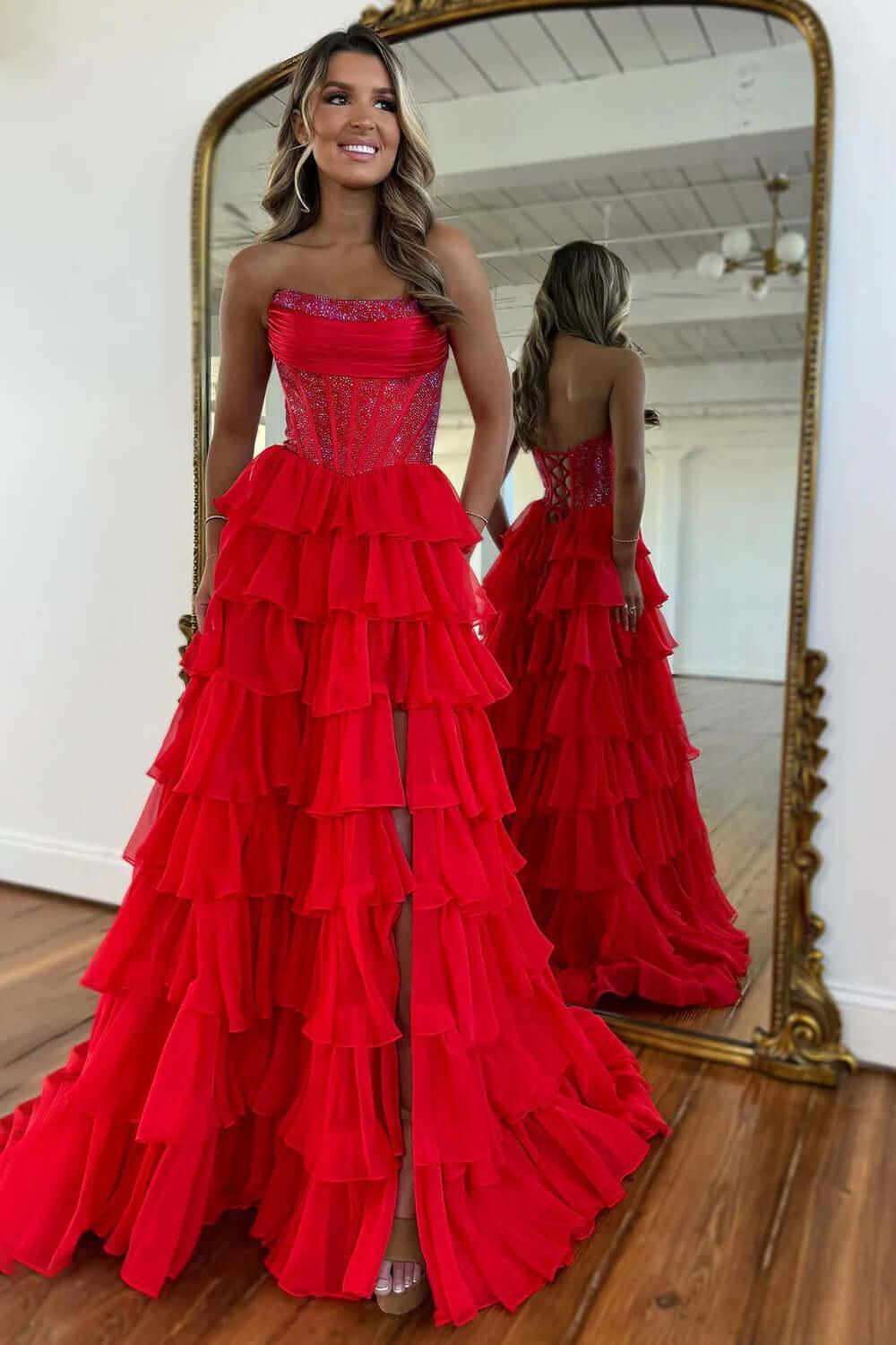 Navy Prom Dress A Line Strapless Corset Long Chiffon Formal Dress
