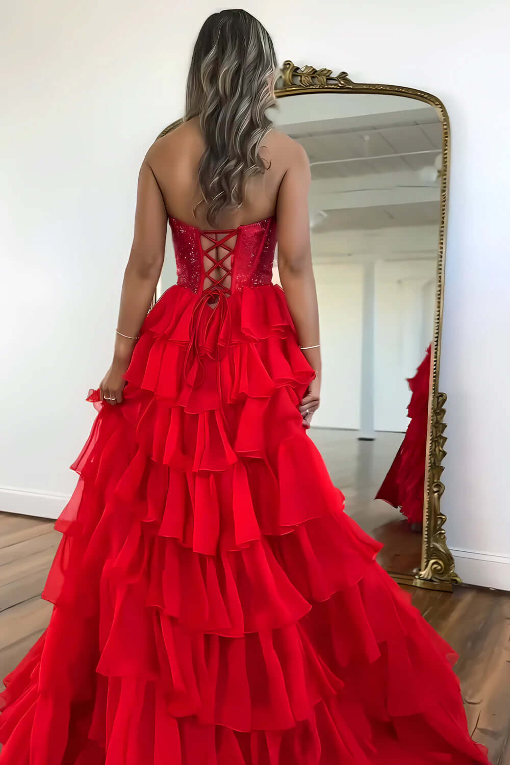 Navy Prom Dress A Line Strapless Corset Long Chiffon Formal Dress