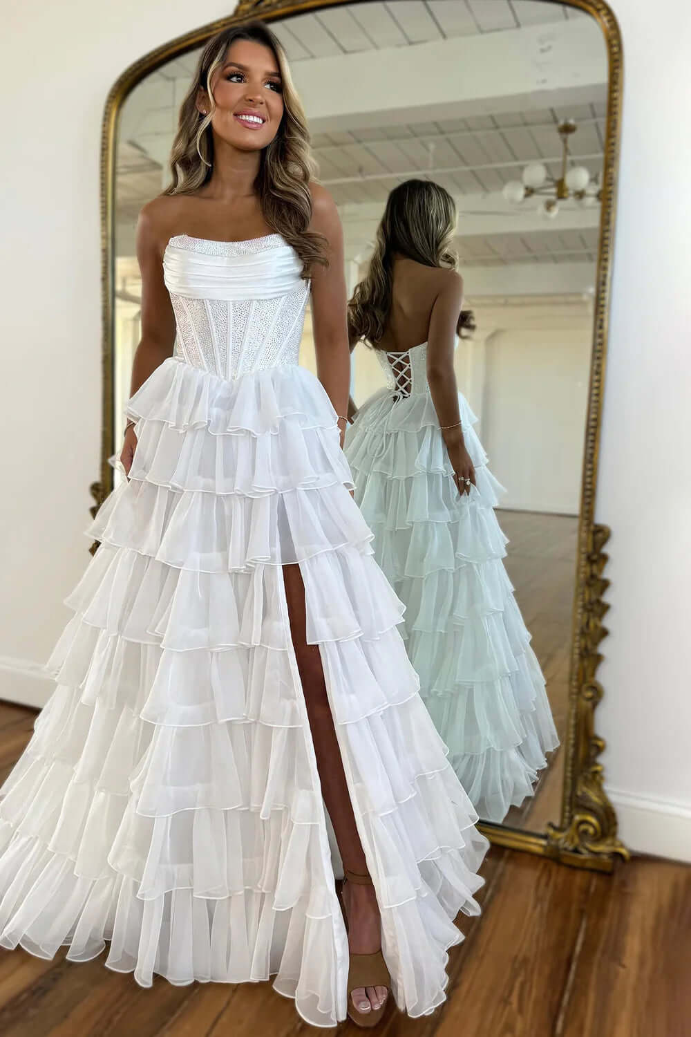 Navy Prom Dress A Line Strapless Corset Long Chiffon Formal Dress