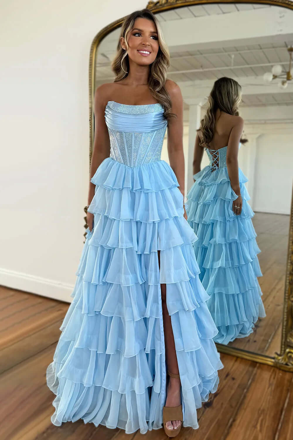 Navy Prom Dress A Line Strapless Corset Long Chiffon Formal Dress