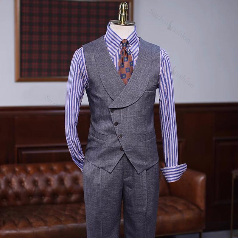 Dark Gray Notched Lapel 3 Piece Business Suit