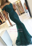 Dark Green Charming Mermaid Evening Gowns Off-the-Shoulder Lace Appliques Prom Dress AN0