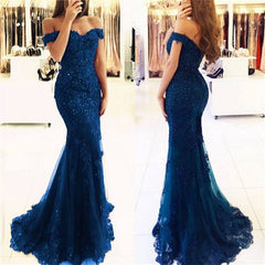 Dark Green Charming Mermaid Evening Gowns Off-the-Shoulder Lace Appliques Prom Dress AN0