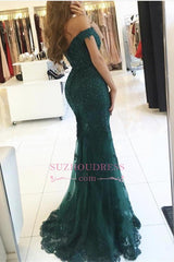 Dark Green Charming Mermaid Evening Gowns Off-the-Shoulder Lace Appliques Prom Dress AN0