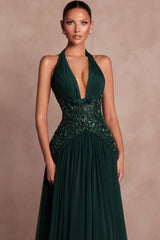 Dark Green Chiffon A Line Prom Dress with Halter Neck and Open Back