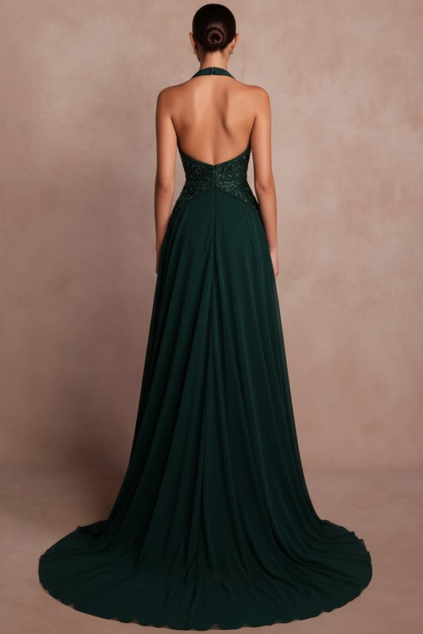 Dark Green Chiffon A Line Prom Dress with Halter Neck and Open Back