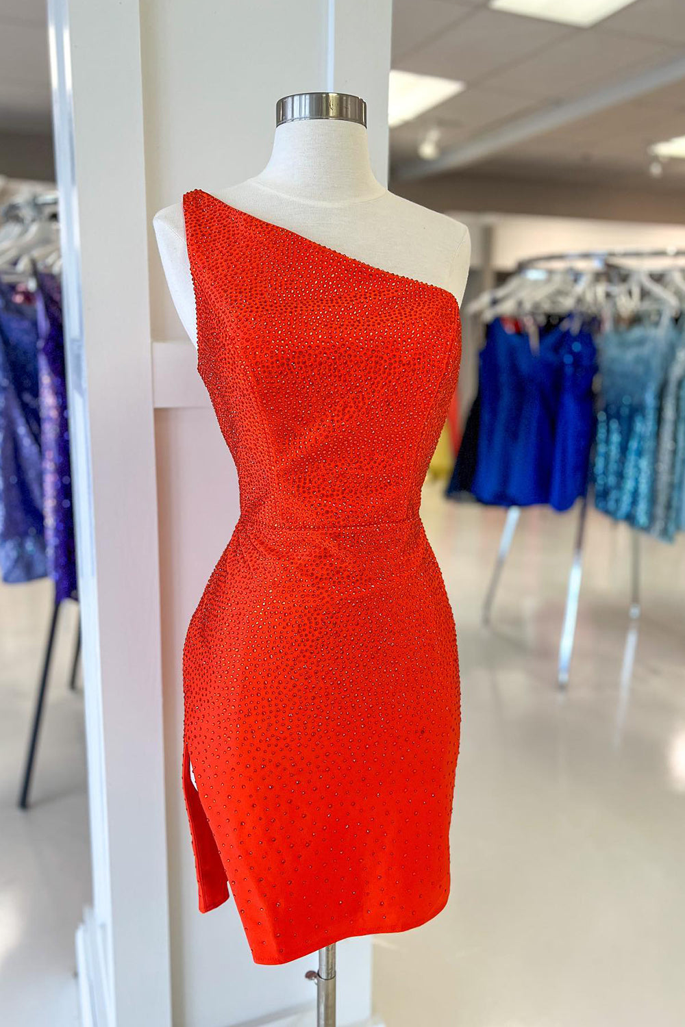 Dark Green Homecoming Dresses Sequin One Shoulder Tight Prom Dress with Slit