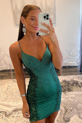 Dark Green Homecoming Dresses Sequin Tight Short Cocktail Dresses with Appliques