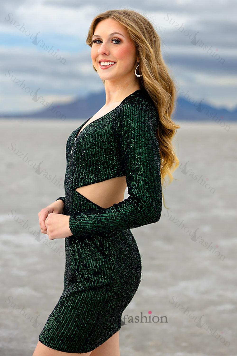 Suzhoufashion Dark Green Long Sleeves Homecoming Dresses V-Neck Short Tight Cocktail Dresses Suzhoufashion Dark Green Long Sleeves Homecoming Dresses V-Neck Short Tight Cocktail Dresses