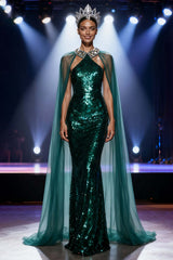 Suzhoufashion Dark Green Mermaid Halter Long Sequin Pageant Dress With Cape
