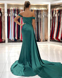 Dark Green Off-the-Shoulder Mermaid Prom Dress Ruffles Long With Split