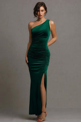 Suzhoufashion Dark Green One Shoulder Long Mermaid Prom Dress With Slit