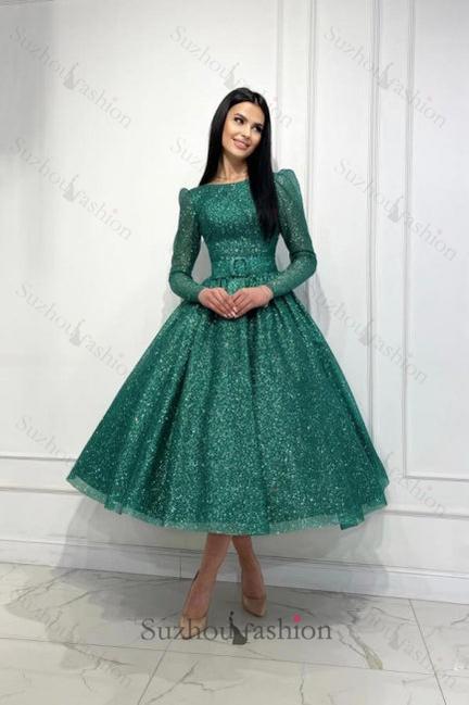 Dark Green Prom Dress A Line Sequined Ankle Length Formal Dress With S –  suzhoufashion