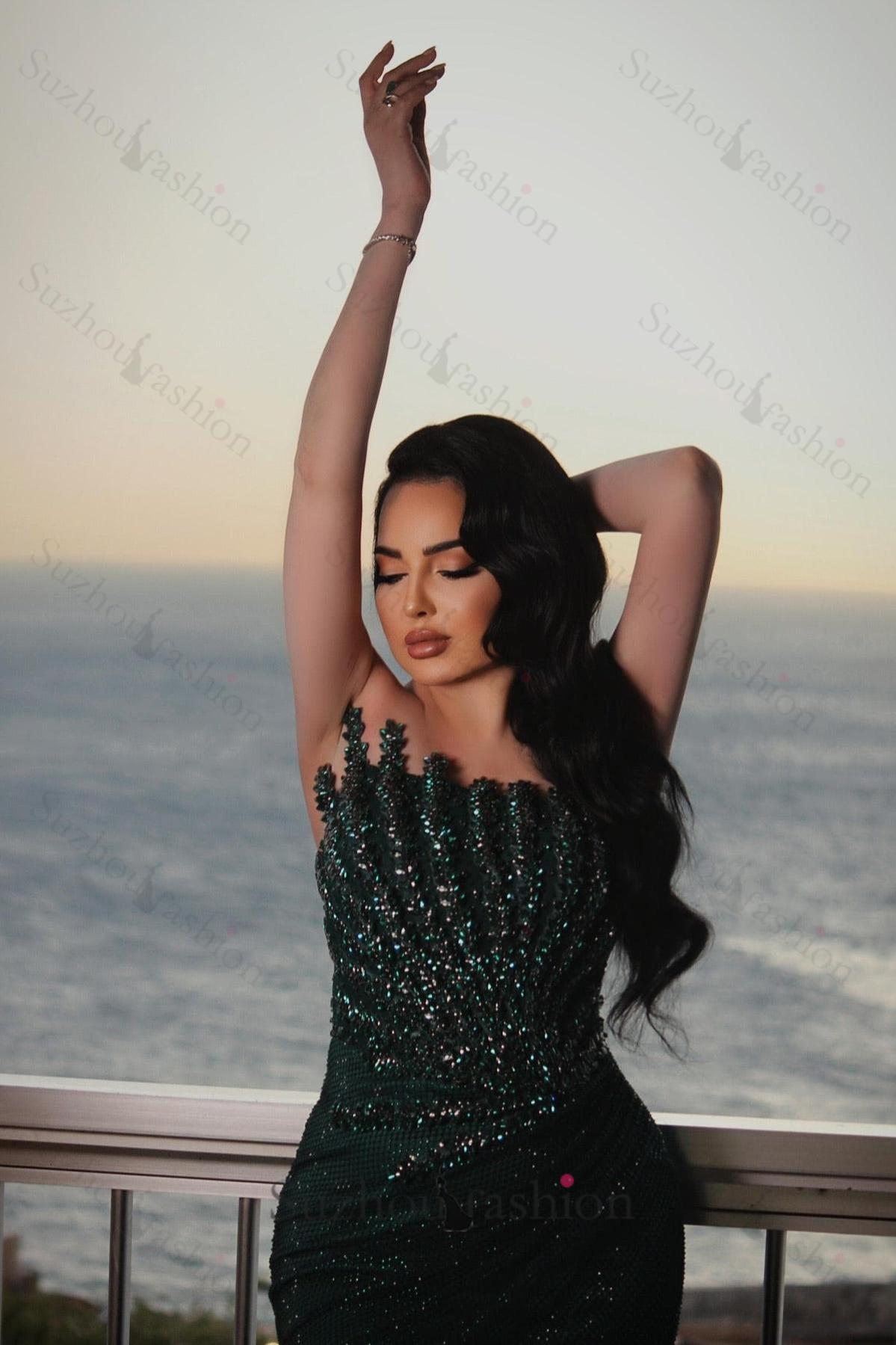 Dark Green Prom Dress Mermaid Strapless Beaded Sleeveless Formal Dress suzhoufashion Dark Green Prom Dress Mermaid Strapless Beaded Sleeveless Formal Dress suzhoufashion