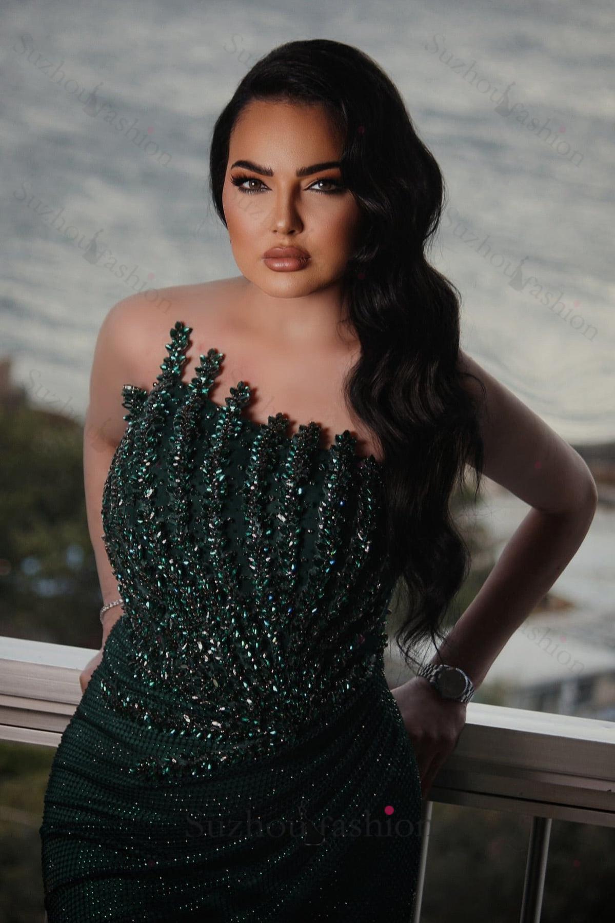 Dark Green Prom Dress Mermaid Strapless Beaded Sleeveless Formal Dress suzhoufashion Dark Green Prom Dress Mermaid Strapless Beaded Sleeveless Formal Dress suzhoufashion
