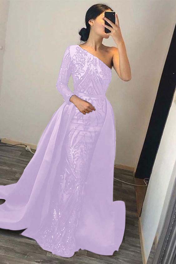 Dark Green Prom Dress Overskirt One Shoulder Long Sleeve Mermaid Evening Formal Dress With Sequined