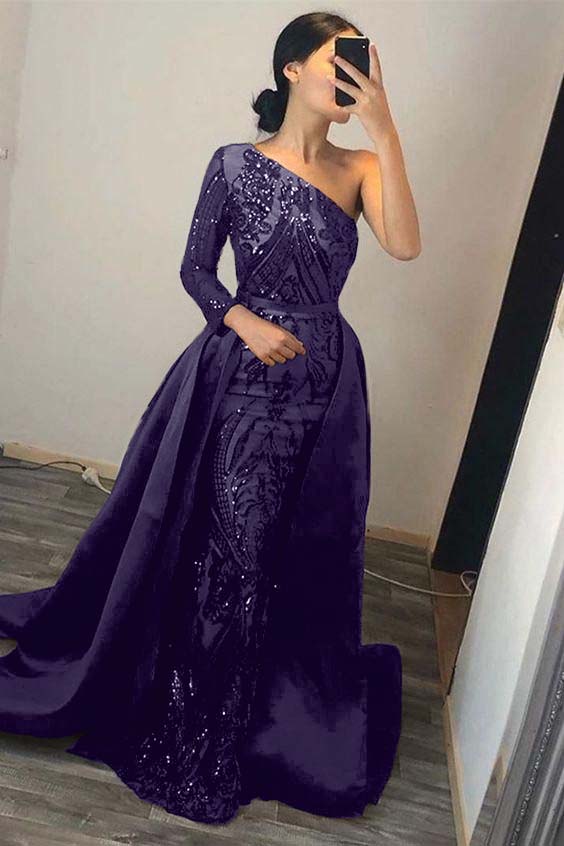 Dark Green Prom Dress Overskirt One Shoulder Long Sleeve Mermaid Evening Formal Dress With Sequined