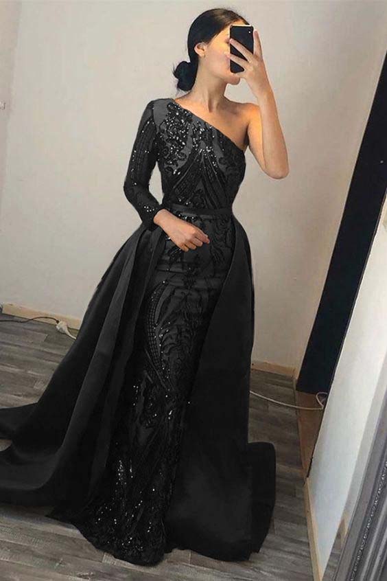Dark Green Prom Dress Overskirt One Shoulder Long Sleeve Mermaid Evening Formal Dress With Sequined