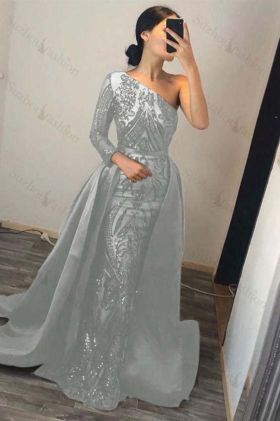 Dark Green Prom Dress Overskirt One Shoulder Long Sleeve Mermaid Evening Formal Dress With Sequined