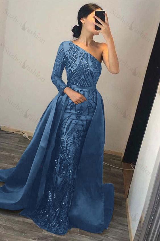 Dark Green Prom Dress Overskirt One Shoulder Long Sleeve Mermaid Evening Formal Dress With Sequined